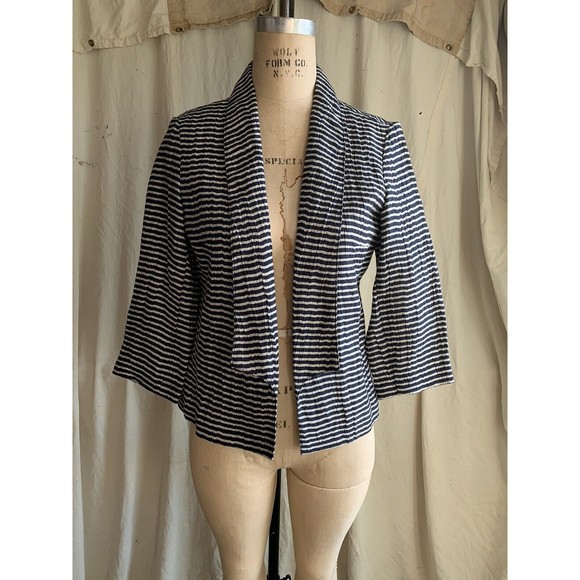 Anne Taylor Loft Striped Cropped Linen Blend Jacket Shrunken Blazer Size 2 - Picture 1 of 6